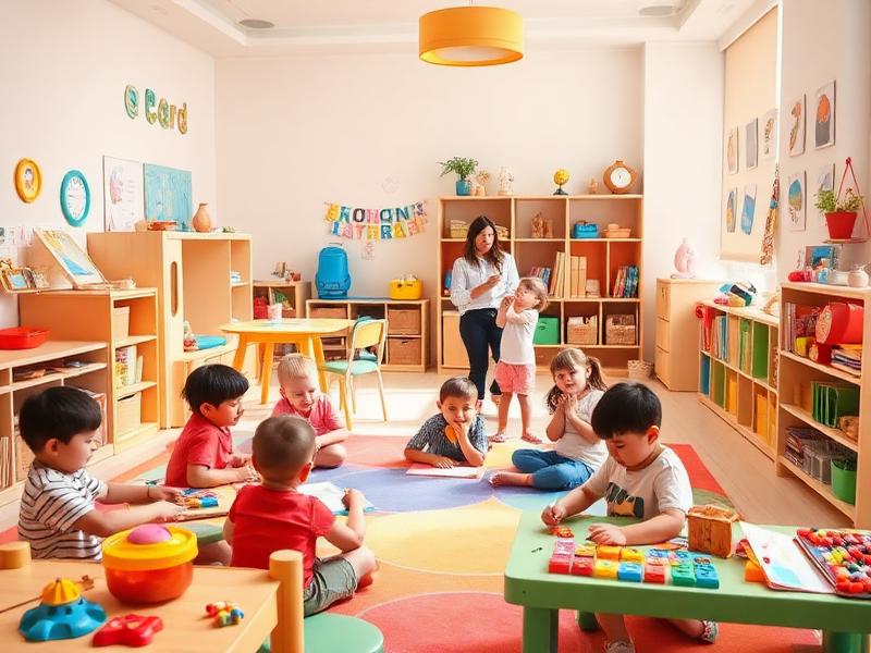 Bright kindergarten classroom with children and teacher