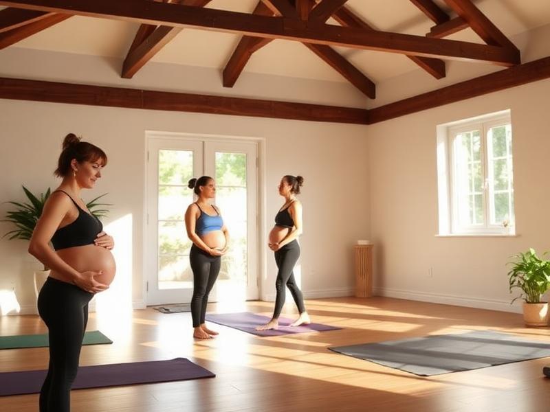 Peaceful prenatal yoga studio with pregnant women in wellness session
